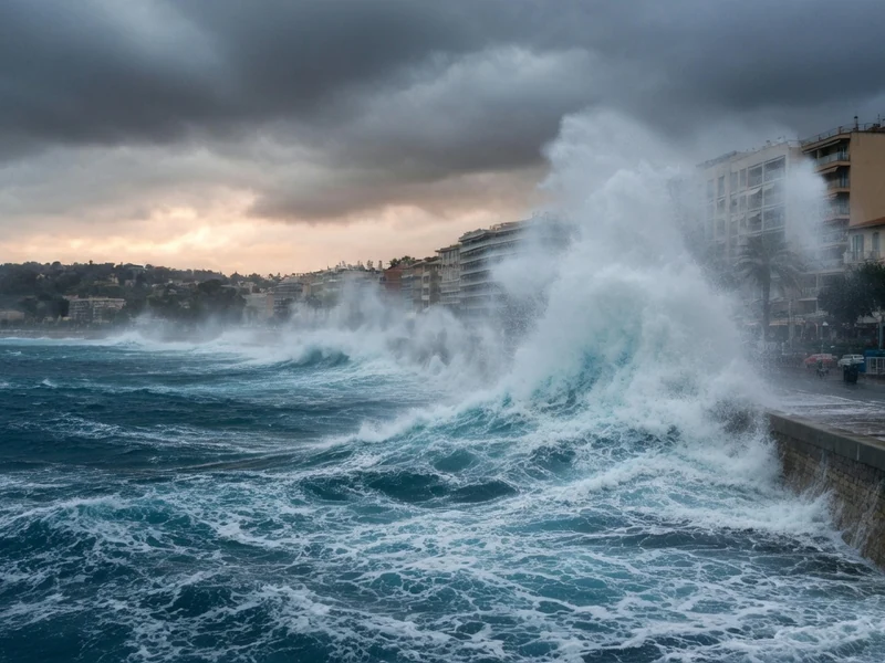 Les vagues du tsunami Nice 2025 déferlent avec force sur la digue de Nice sous un ciel orageux