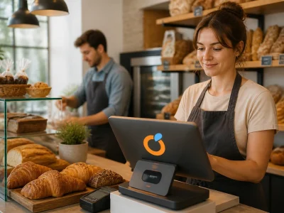 Une boulangère souriante utilise une tablette de caisse pour gérer ses ventes avec Menlog si