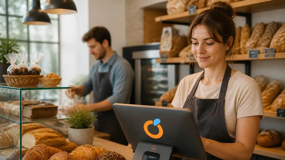 Une boulangère souriante utilise une tablette de caisse pour gérer ses ventes avec Menlog si