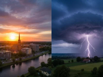 Vue contrastée montrant le passage d'un coucher de soleil calme à une météo orages avec un éclair frappant la campagne