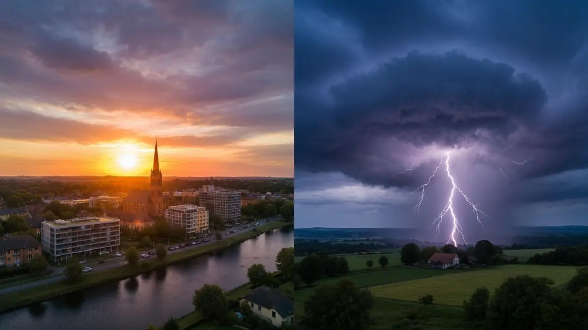 Vue contrastée montrant le passage d'un coucher de soleil calme à une météo orages avec un éclair frappant la campagne