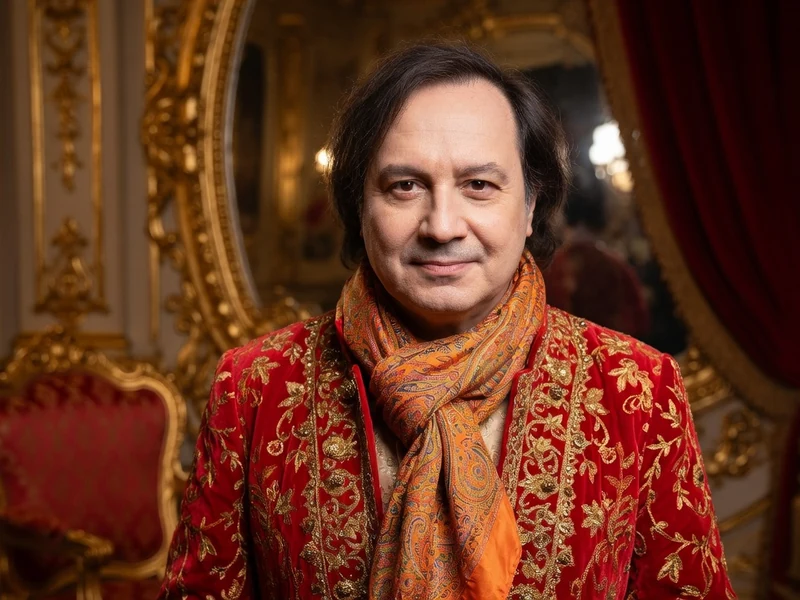 Michel Fau se tient dans un salon doré avec une veste rouge brodée et une écharpe colorée
