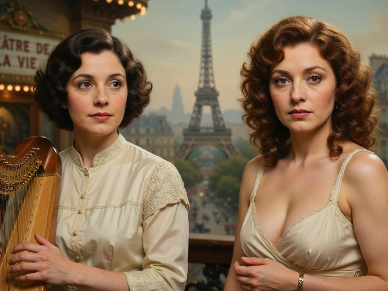 Micheline Kahn figure en deux versions, harpiste à gauche et élégante à droite devant la tour Eiffel