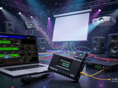 Scène équipée d'un ordinateur et d'un boîtier Midi Show Control reliés à des enceintes et un projecteur
