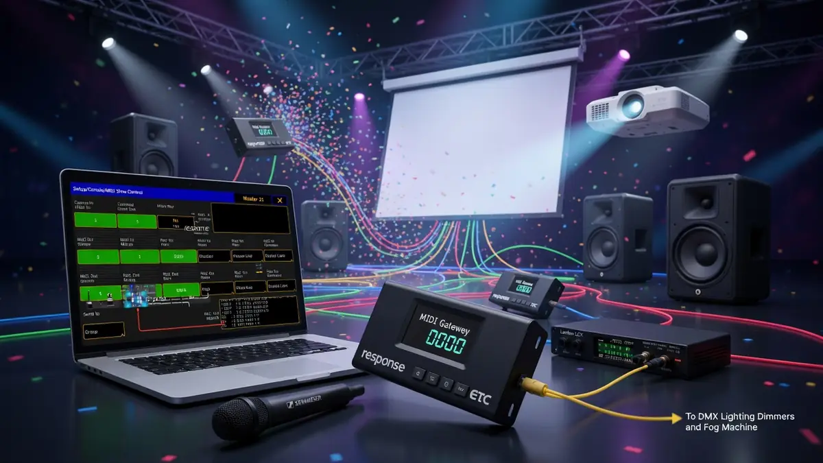 Scène équipée d'un ordinateur et d'un boîtier Midi Show Control reliés à des enceintes et un projecteur