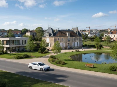 Une voiture blanche roule sur la route devant l'étang de Mignalou Beauvoir dans un cadre verdoyant