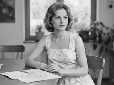 Mijanou Bardot assise à une table avec des dessins dans une pièce aux plantes