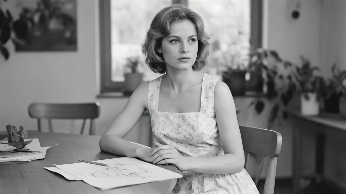 Mijanou Bardot assise à une table avec des dessins dans une pièce aux plantes
