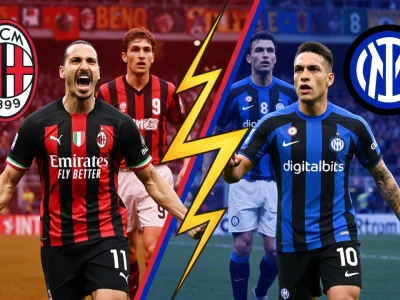 L'illustration montre des joueurs de Milan AC Inter Milan séparés par un éclair.