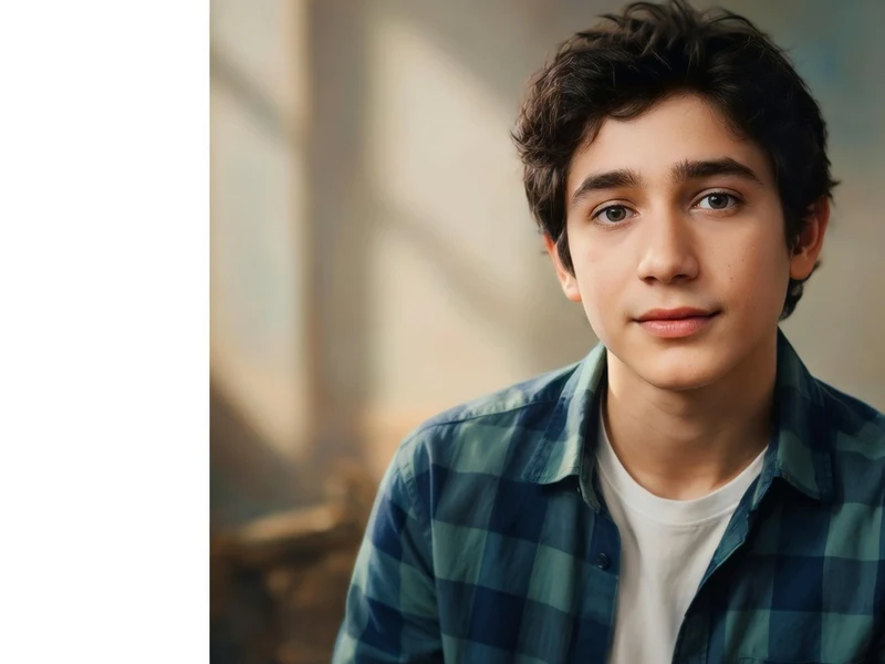 Portrait du jeune acteur Milo Machado-Graner portant une chemise à carreaux devant un fond neutre