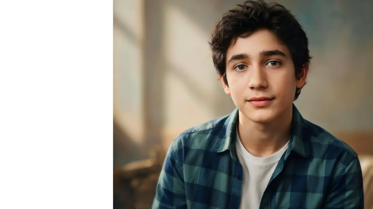Portrait du jeune acteur Milo Machado-Graner portant une chemise à carreaux devant un fond neutre