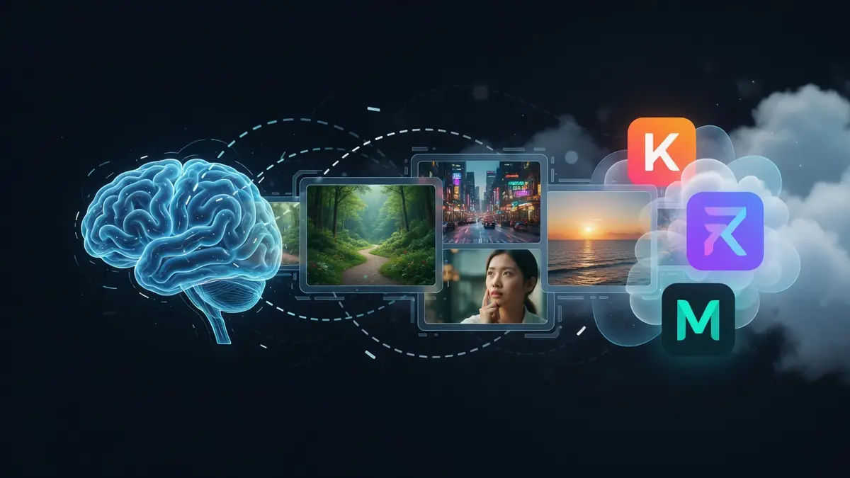 Mind Video AI visualise un cerveau relié à une chaîne d'images de paysages et scènes variées.