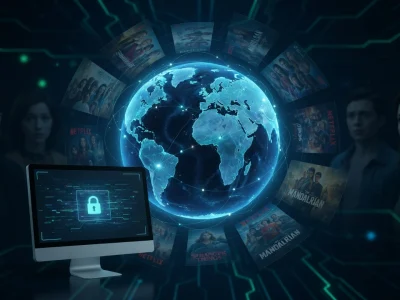 Minziv et le streaming gratuit représentés par un globe numérique entouré d'écrans et d'un ordinateur sécurisé