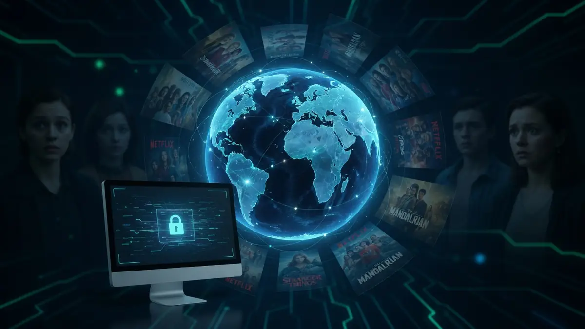 Minziv et le streaming gratuit représentés par un globe numérique entouré d'écrans et d'un ordinateur sécurisé