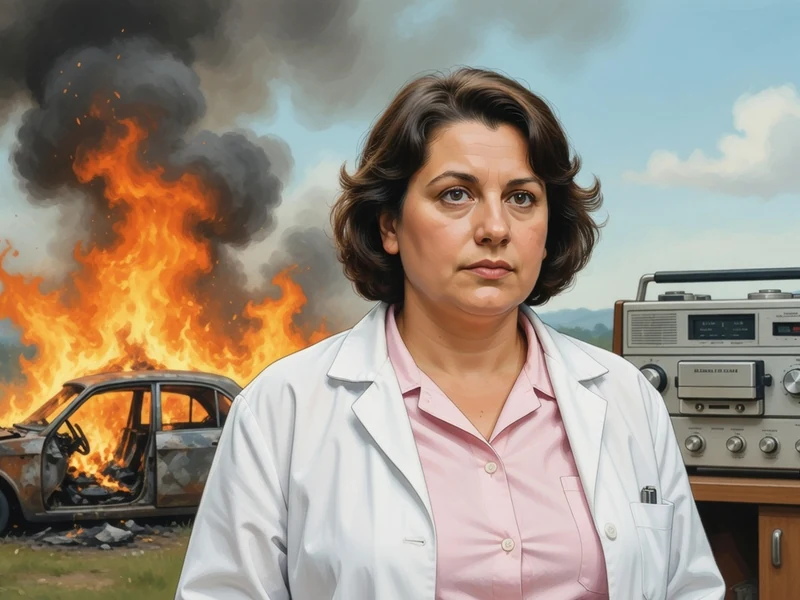 Mireille Rufel porte une blouse blanche devant une voiture en feu et un magnétophone posé sur un meuble