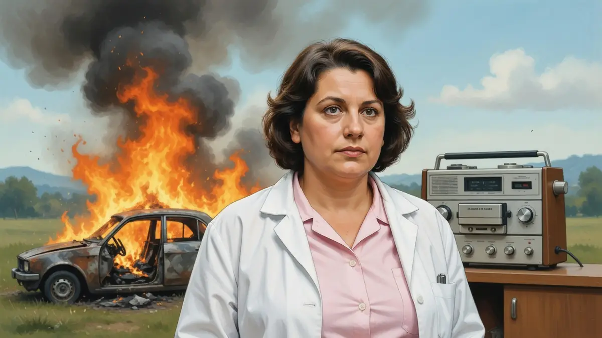 Mireille Rufel porte une blouse blanche devant une voiture en feu et un magnétophone posé sur un meuble