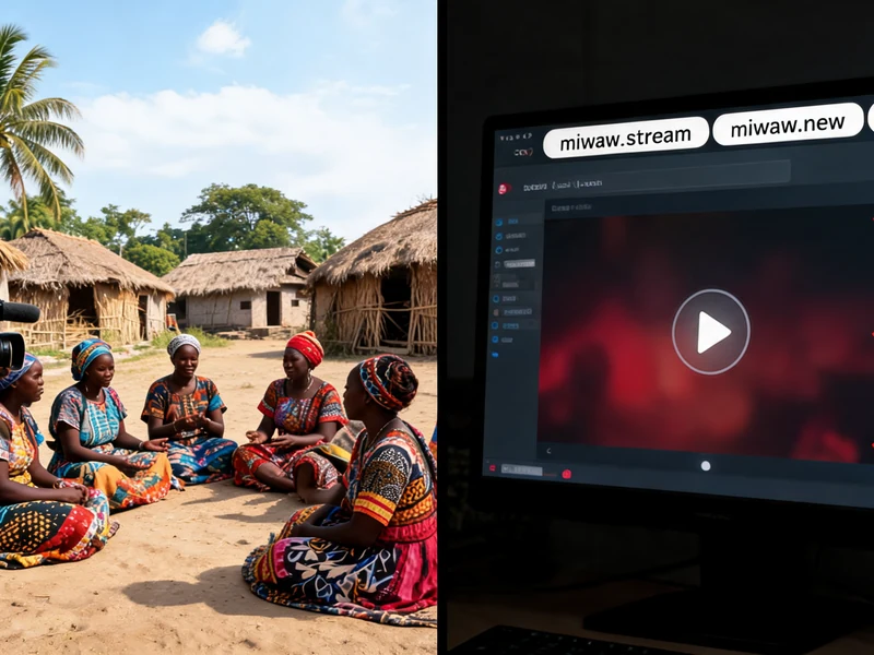 Une femme filme un groupe de personnes assises dans un village près d'un écran diffusant miwaw