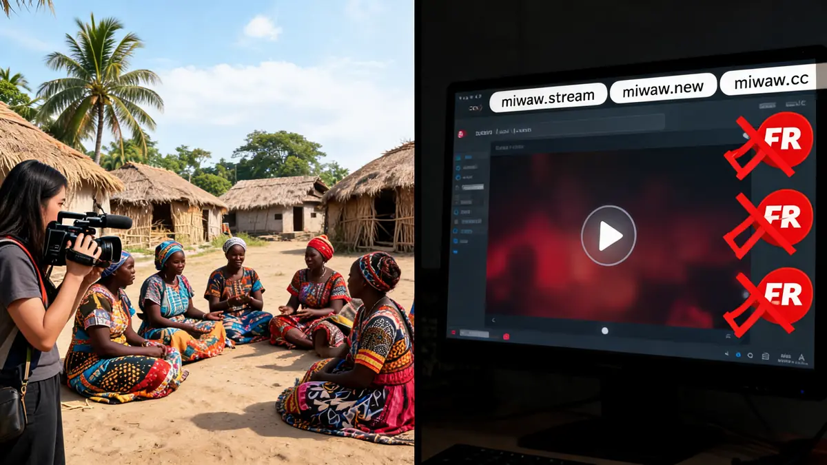Une femme filme un groupe de personnes assises dans un village près d'un écran diffusant miwaw
