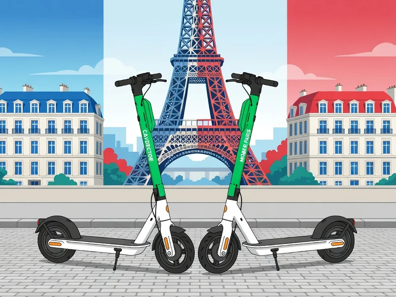Deux scooters électriques de mober Paris stationnés devant la tour Eiffel