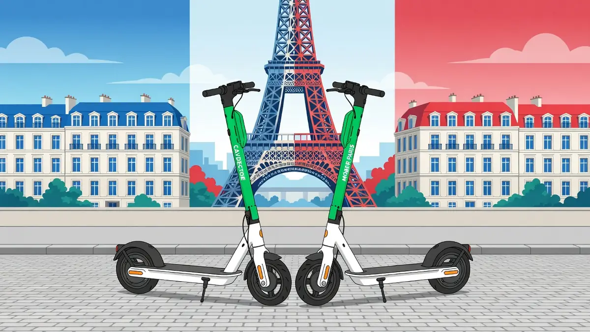 Deux scooters électriques de mober Paris stationnés devant la tour Eiffel