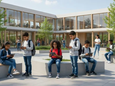 Des élèves utilisent des tablettes numériques dans la cour de mon collège Val-d'Oise moderne et lumineux