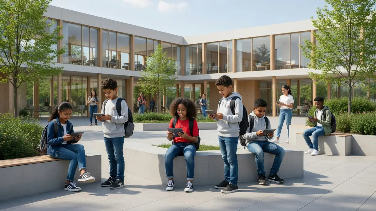 Des élèves utilisent des tablettes numériques dans la cour de mon collège Val-d'Oise moderne et lumineux