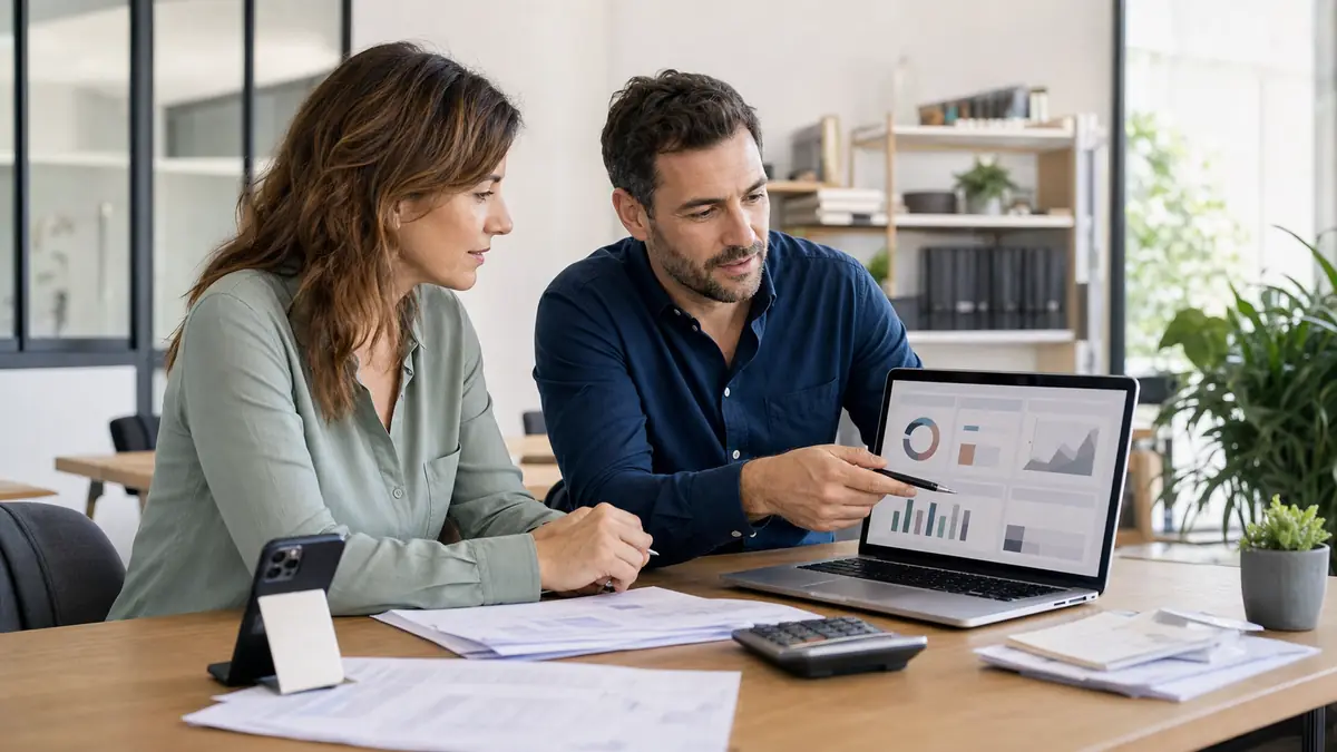 Un dirigeant et son comptable utilisent mon expert en gestion pour suivre les finances de l’entreprise.