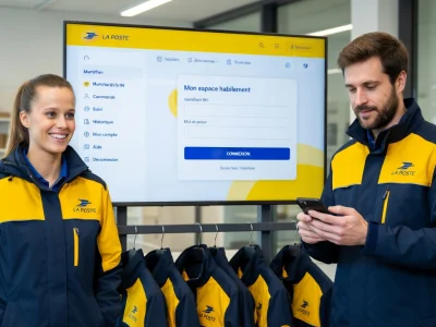 Une employée sourit pendant que son collègue consulte mon habillement La Poste sur smartphone