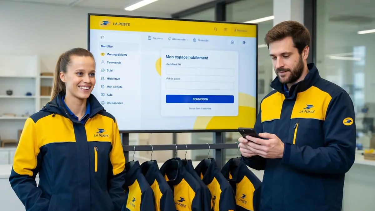 Une employée sourit pendant que son collègue consulte mon habillement La Poste sur smartphone