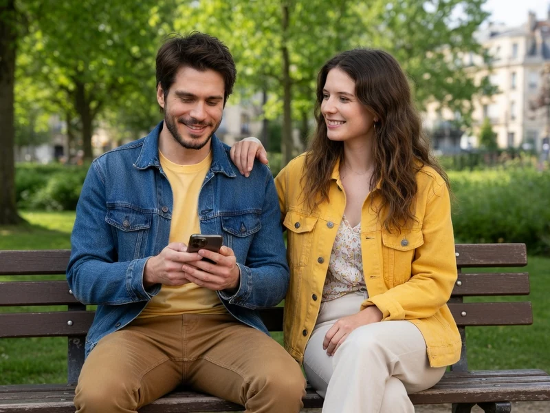 Un jeune couple est assis sur un banc de parc, lui regardant son téléphone et elle souriant à mon Inconnue