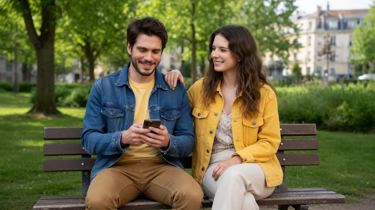 Un jeune couple est assis sur un banc de parc, lui regardant son téléphone et elle souriant à mon Inconnue