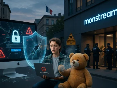 Un jeune homme tenant son laptop à côté d'un ours en peluche devant un écran brisé illustre mon stream Nouvelle Adresse