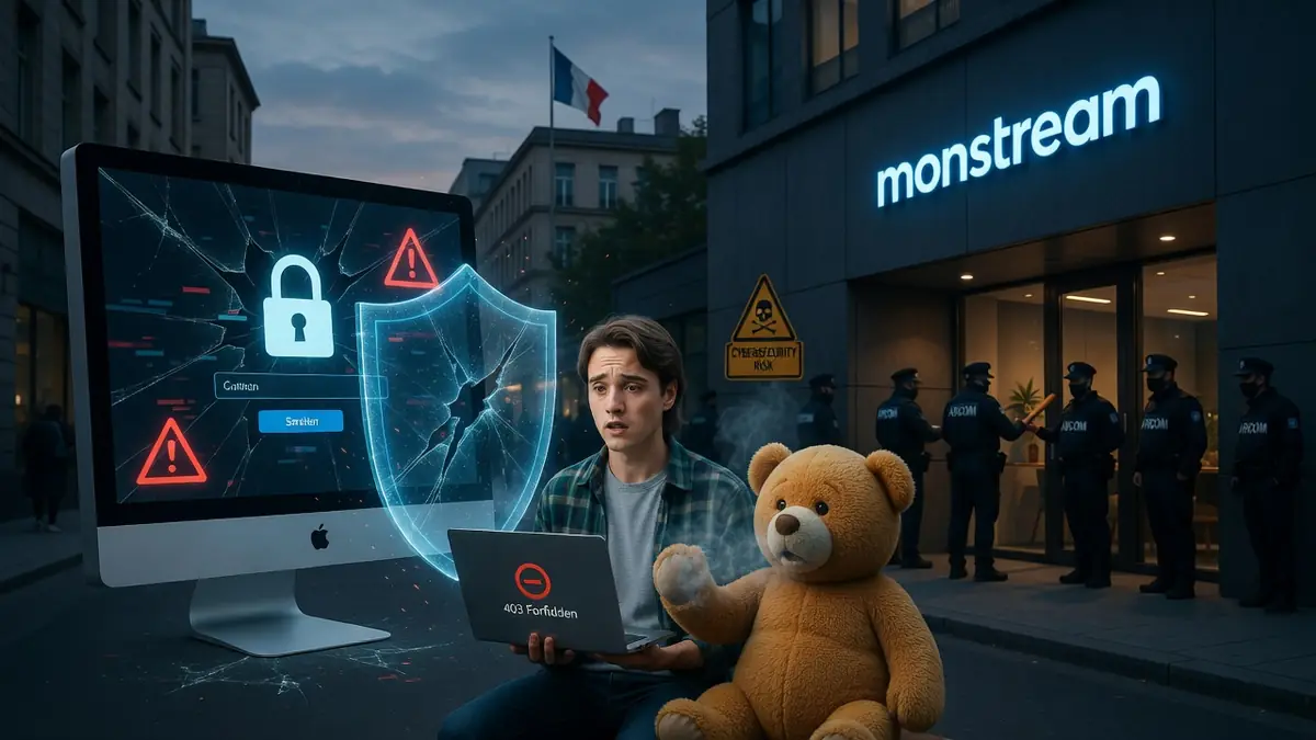 Un jeune homme tenant son laptop à côté d'un ours en peluche devant un écran brisé illustre mon stream Nouvelle Adresse