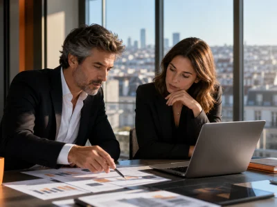 Analyse du monde Business FR par deux decideurs dans un bureau parisien.