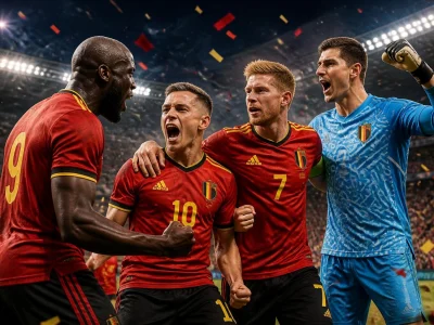 Des joueurs belges célèbrent avec enthousiasme un but lors du match Nouvelle-Zélande – Belgique