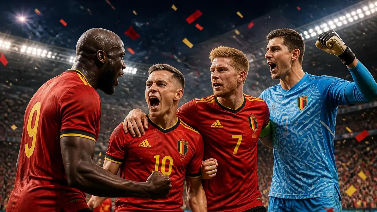 Des joueurs belges célèbrent avec enthousiasme un but lors du match Nouvelle-Zélande – Belgique