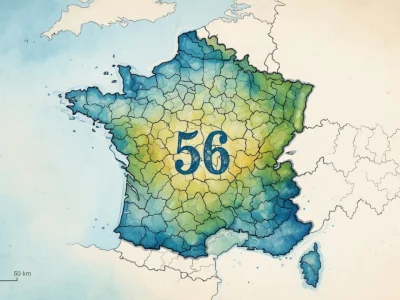 Carte de France colorée illustrant le Morbihan code postal au centre des régions ```