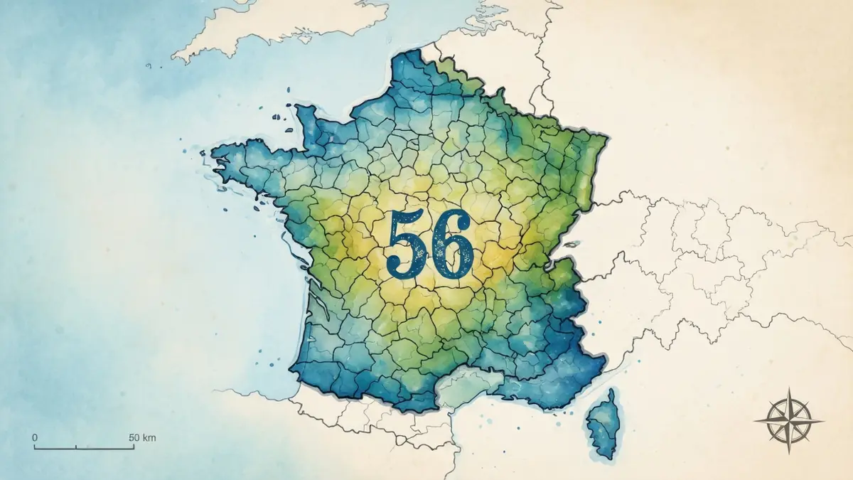 Carte de France colorée illustrant le Morbihan code postal au centre des régions ```