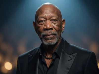 L'image montre morgan freeman en smoking noir sur fond flou lumineux