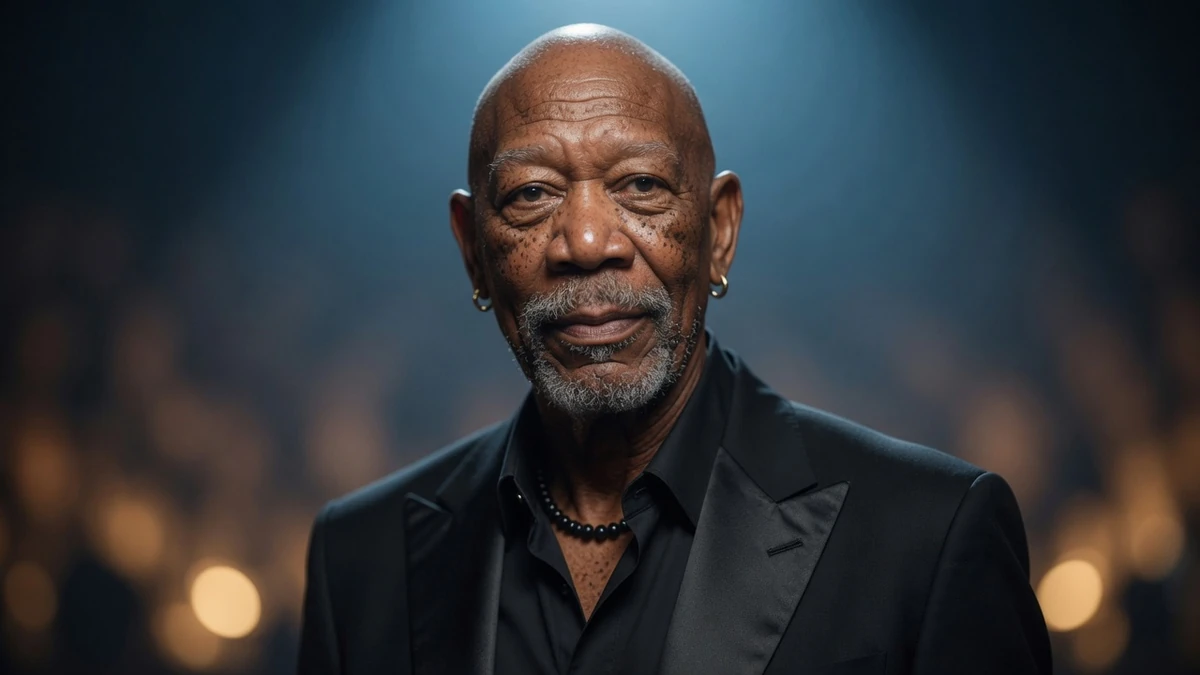 L'image montre morgan freeman en smoking noir sur fond flou lumineux