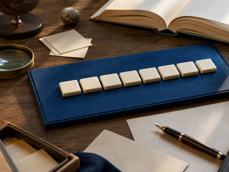 Neuf tuiles de jeu évoquant un mot de 9 lettres commençant par cas sur un bureau d’étude.
