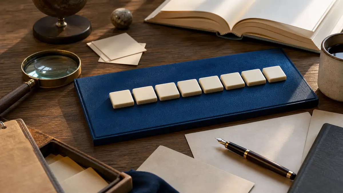 Neuf tuiles de jeu évoquant un mot de 9 lettres commençant par cas sur un bureau d’étude.