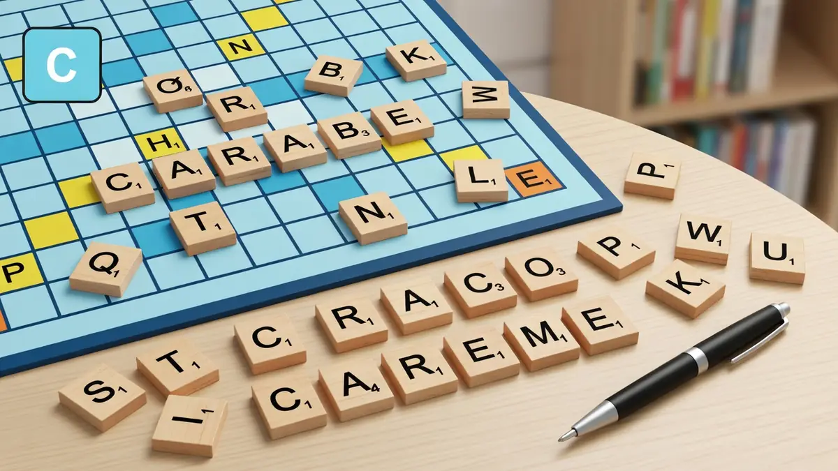 Un plateau de Scrabble avec des lettres en bois et un stylo lié à mots de 6 lettres commençant par car