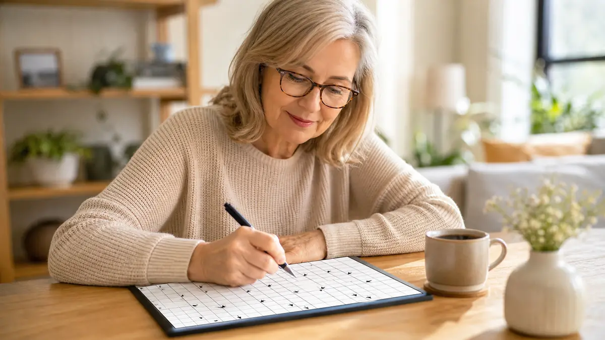 Une scène paisible de mots fléchés force 1 sur une table de salon.