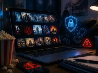 Un ordinateur portable affichant une bibliothèque de films sur Movbor streaming avec des icônes de sécurité numérique