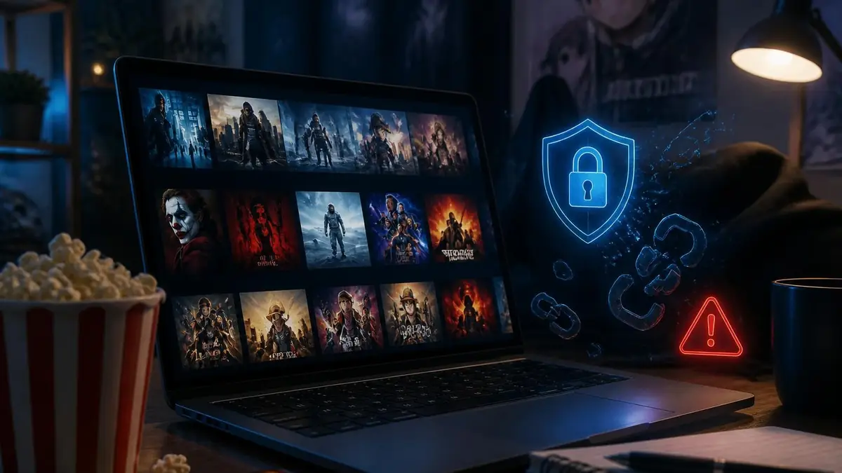 Un ordinateur portable affichant une bibliothèque de films sur Movbor streaming avec des icônes de sécurité numérique