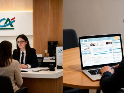 À gauche une conseillère avec une cliente et à droite un client consultant le fil Crédit Agricole sur son ordinateur