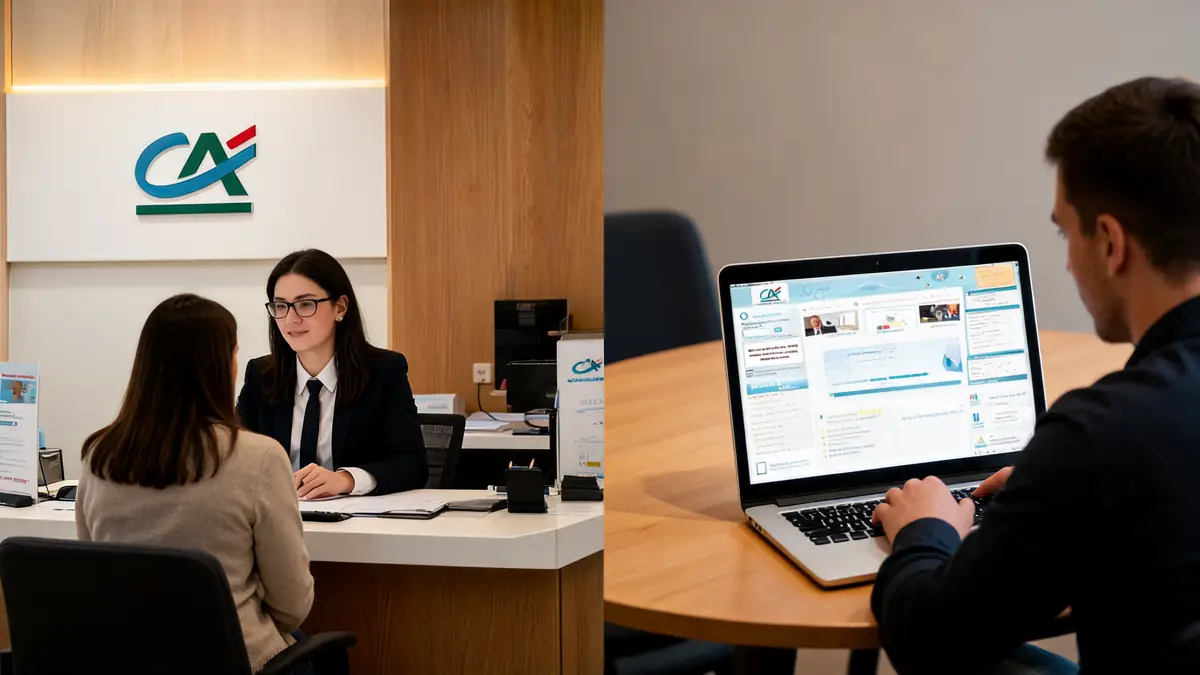 À gauche une conseillère avec une cliente et à droite un client consultant le fil Crédit Agricole sur son ordinateur