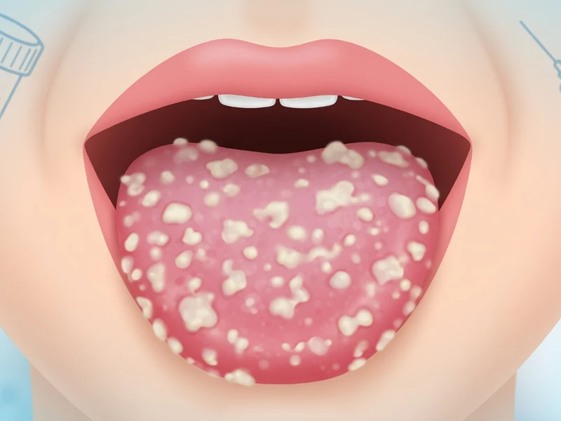 Gros plan sur une bouche ouverte montrant une mycose sur la langue avec des plaques blanches