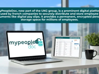 Un ordinateur portable et une tablette affichent MyPeopleDoc sur un bureau blanc avec vue sur la ville